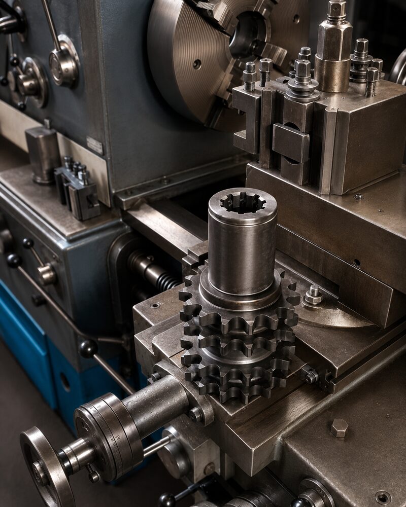 Steel pinion gear being cut on the lathe